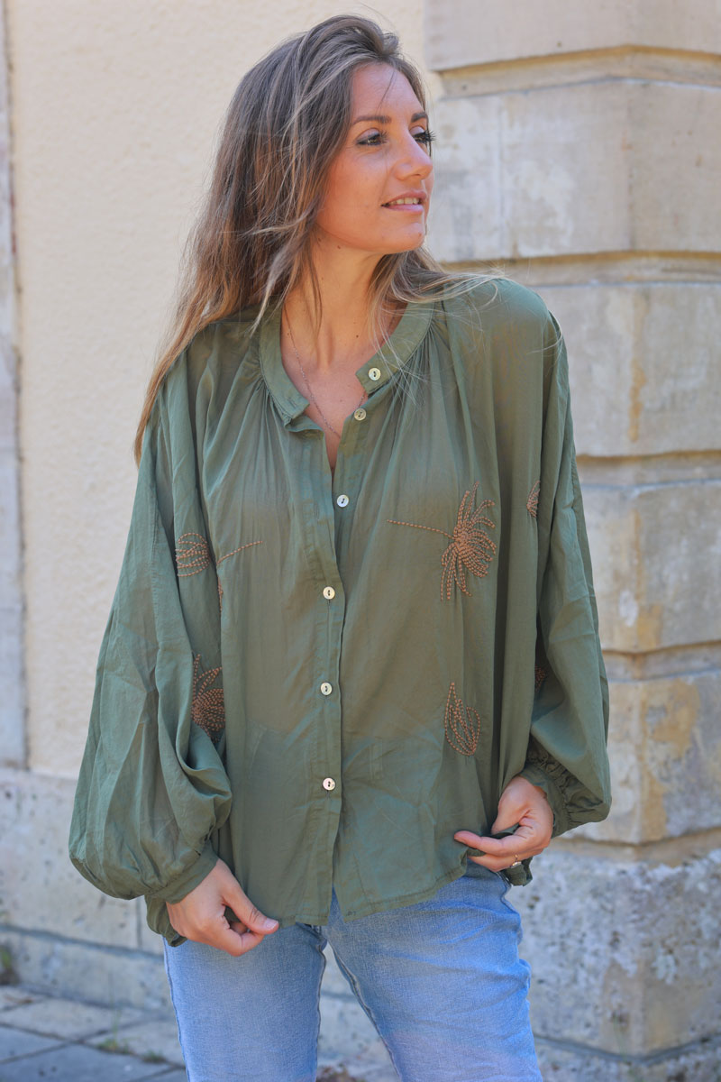 Khaki oversized lightweight cotton blouse with palm tree embroidery