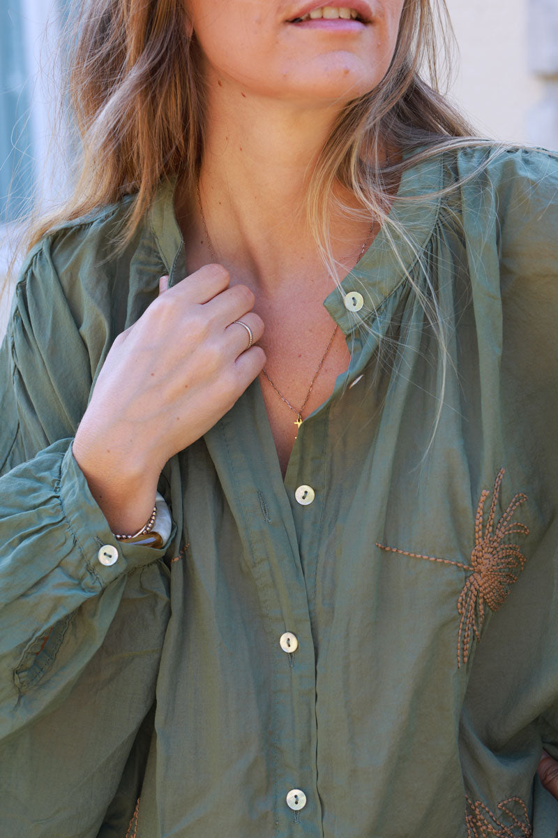 Khaki oversized lightweight cotton blouse with palm tree embroidery