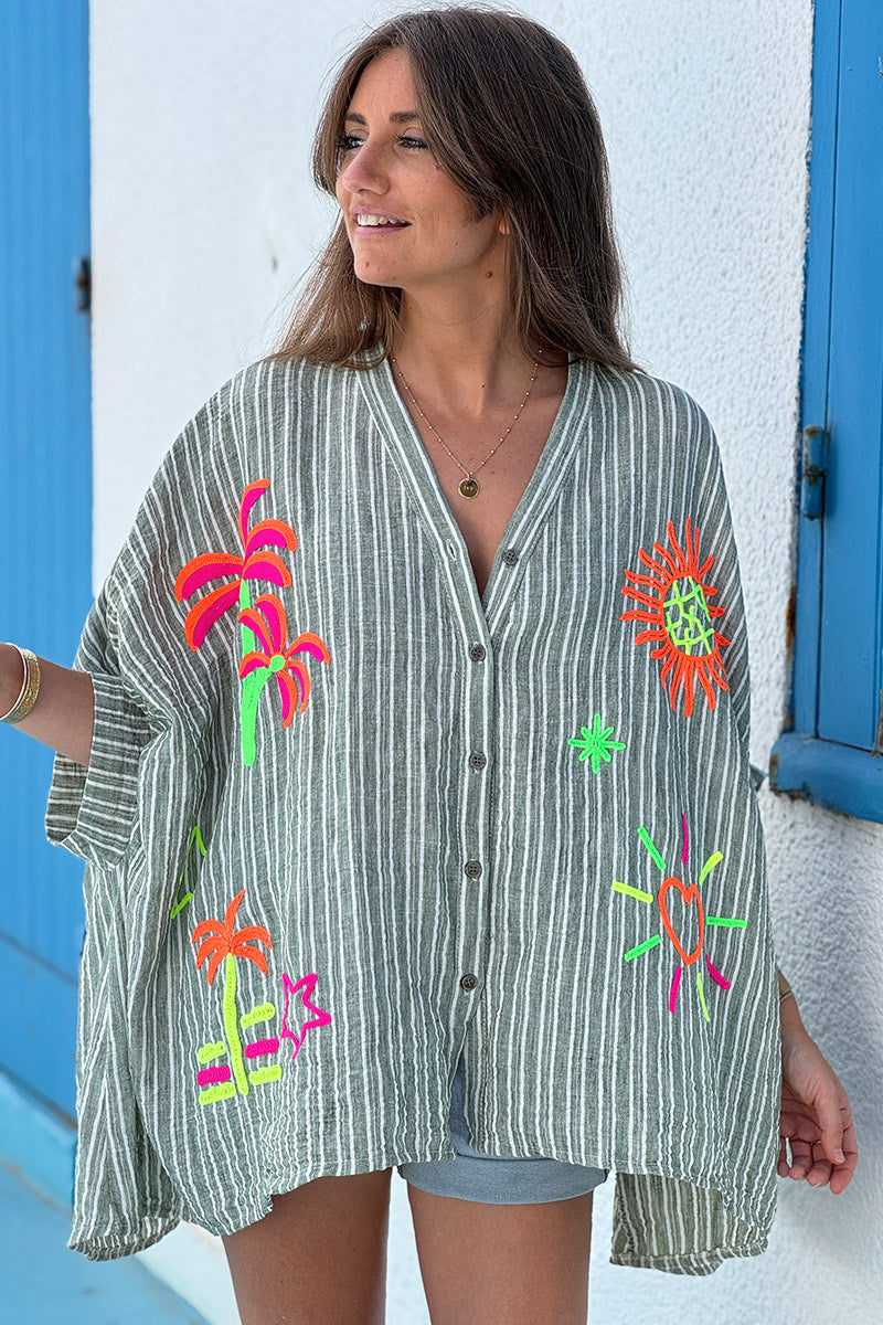Olive Pinstripe Neon Applique Beach Blouse