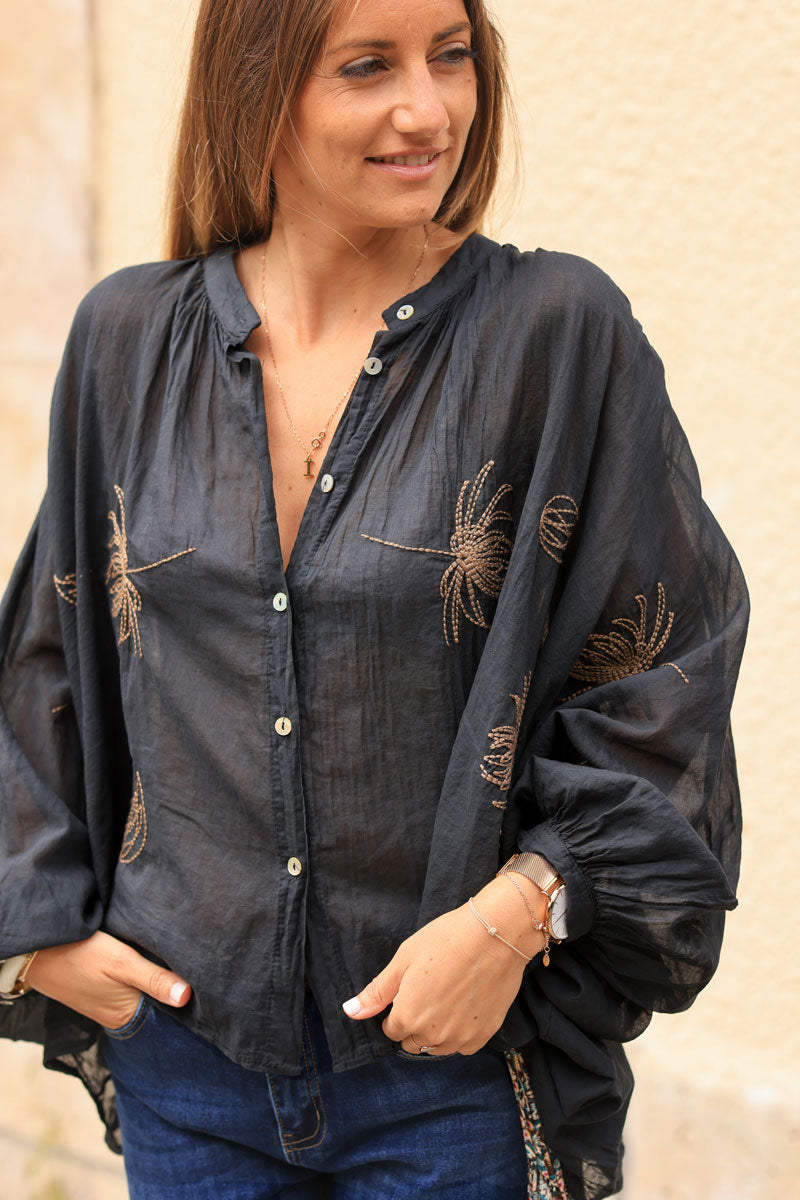 Black oversized lightweight cotton blouse with palm tree embroidery