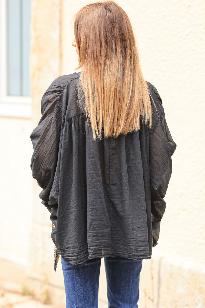 Black oversized lightweight cotton blouse with palm tree embroidery