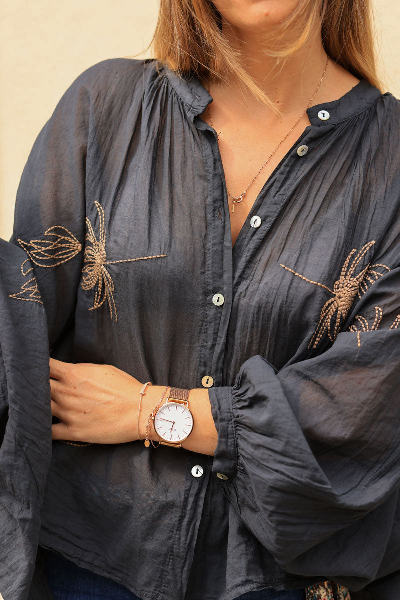 Black oversized lightweight cotton blouse with palm tree embroidery