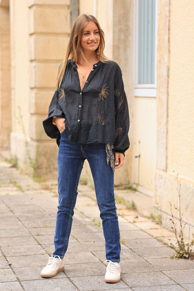 Black oversized lightweight cotton blouse with palm tree embroidery