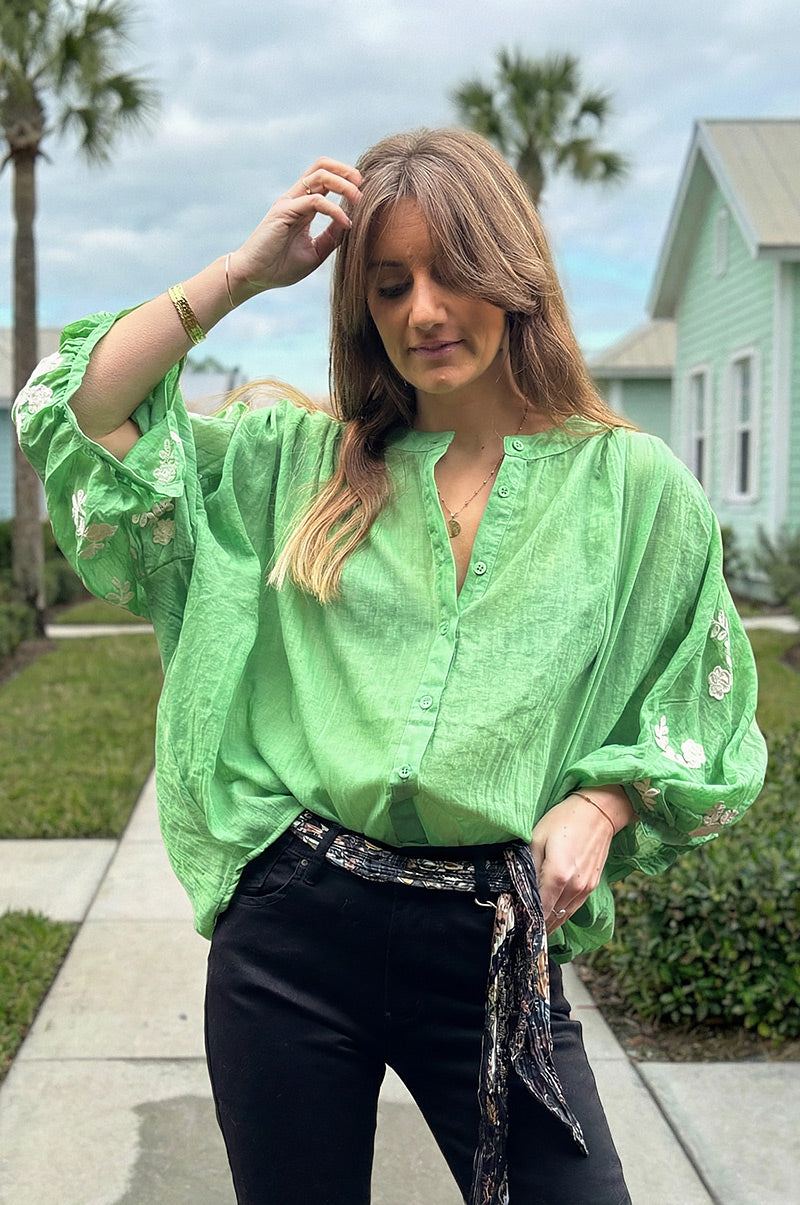 Green Floral Applique Cotton Blouson Top 