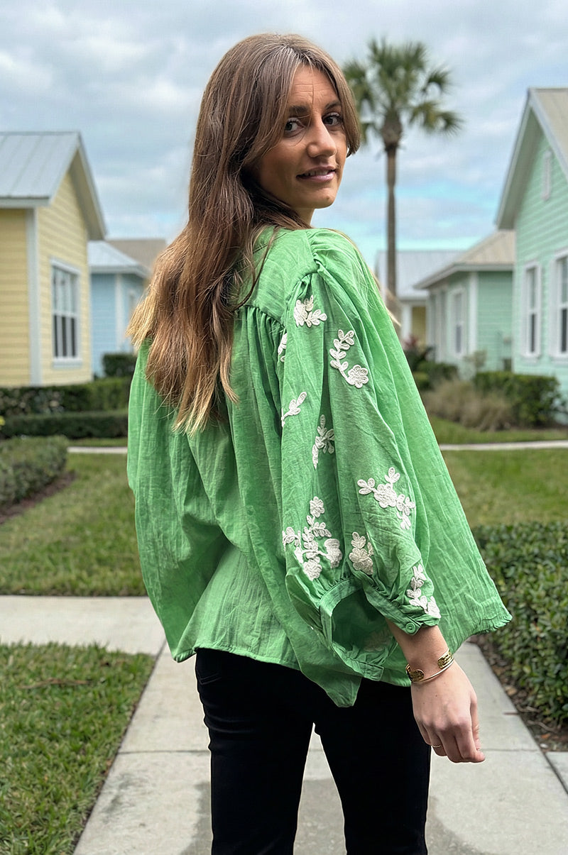 Green Floral Applique Cotton Blouson Top 