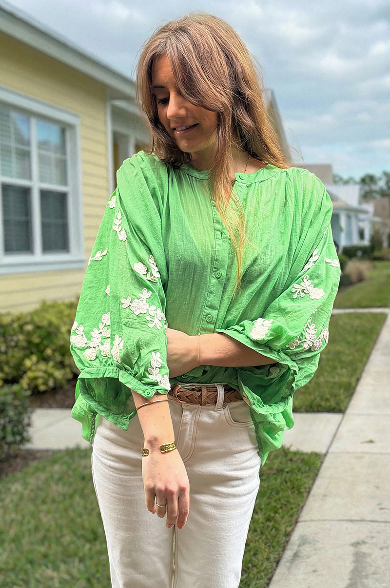 Green Floral Applique Cotton Blouson Top 