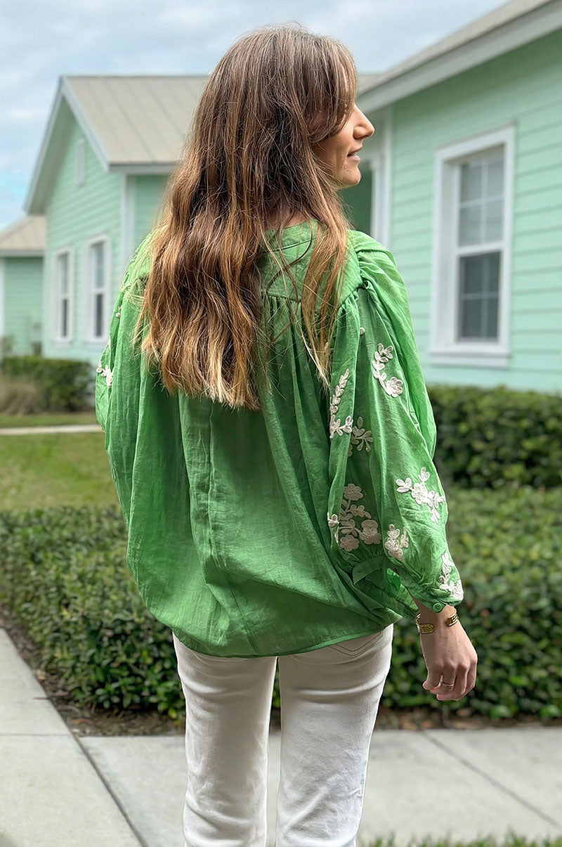 Green Floral Applique Cotton Blouson Top 