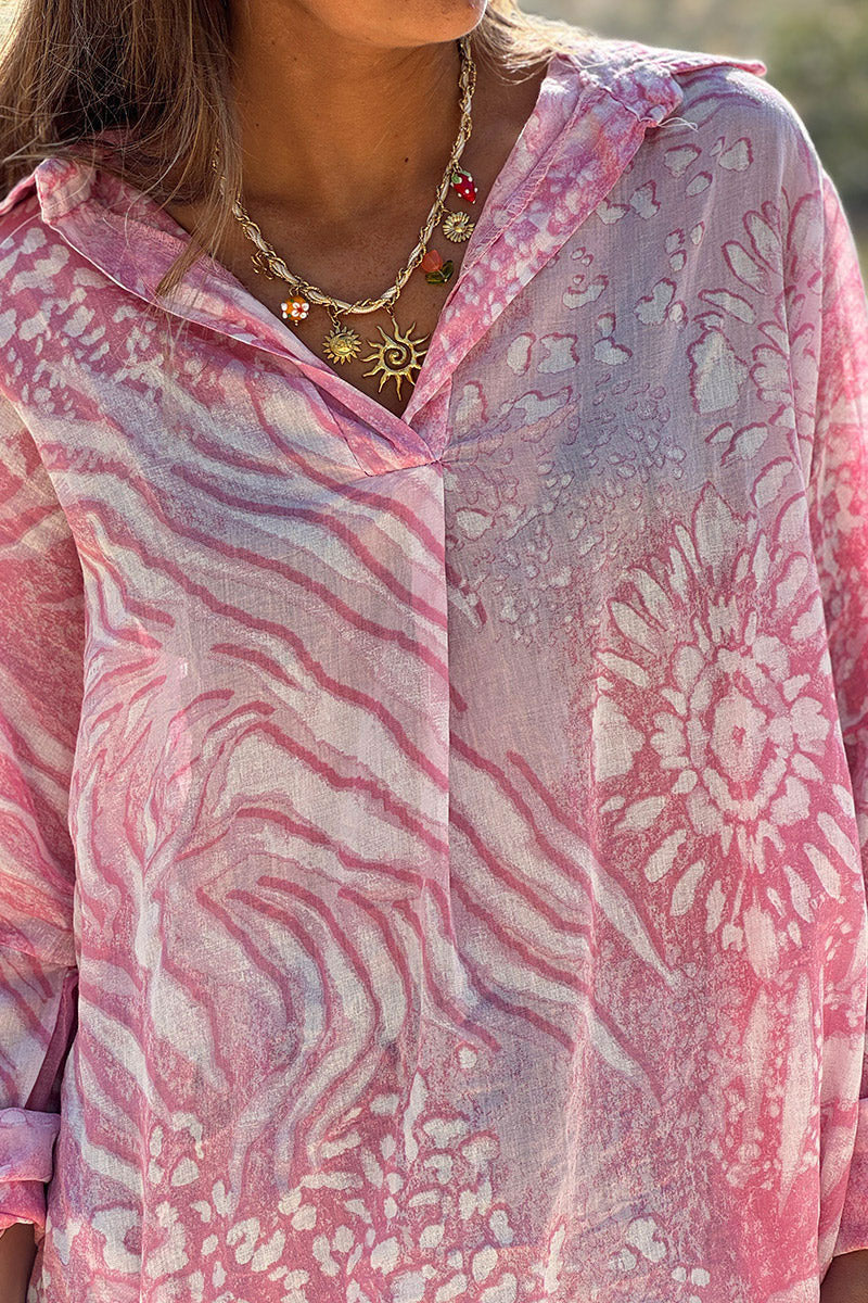 Tunique légère imprimé tie and dye rose col v