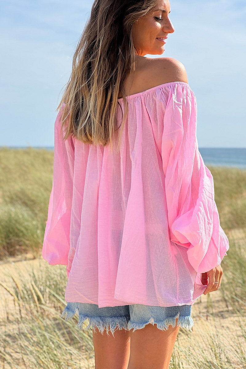 Tunique légère rose en coton col élastique bardot