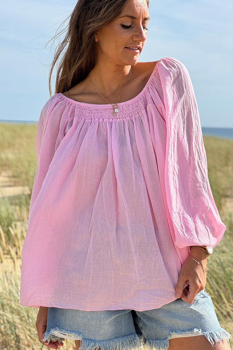 Tunique légère rose en coton col élastique bardot