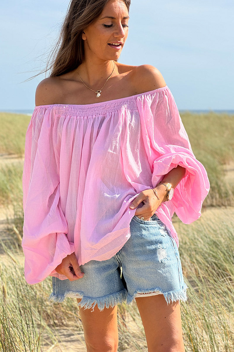 Tunique légère rose en coton col élastique bardot