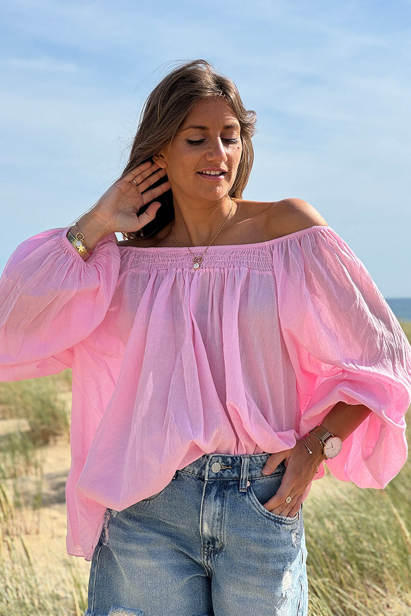 Tunique légère rose en coton col élastique bardot