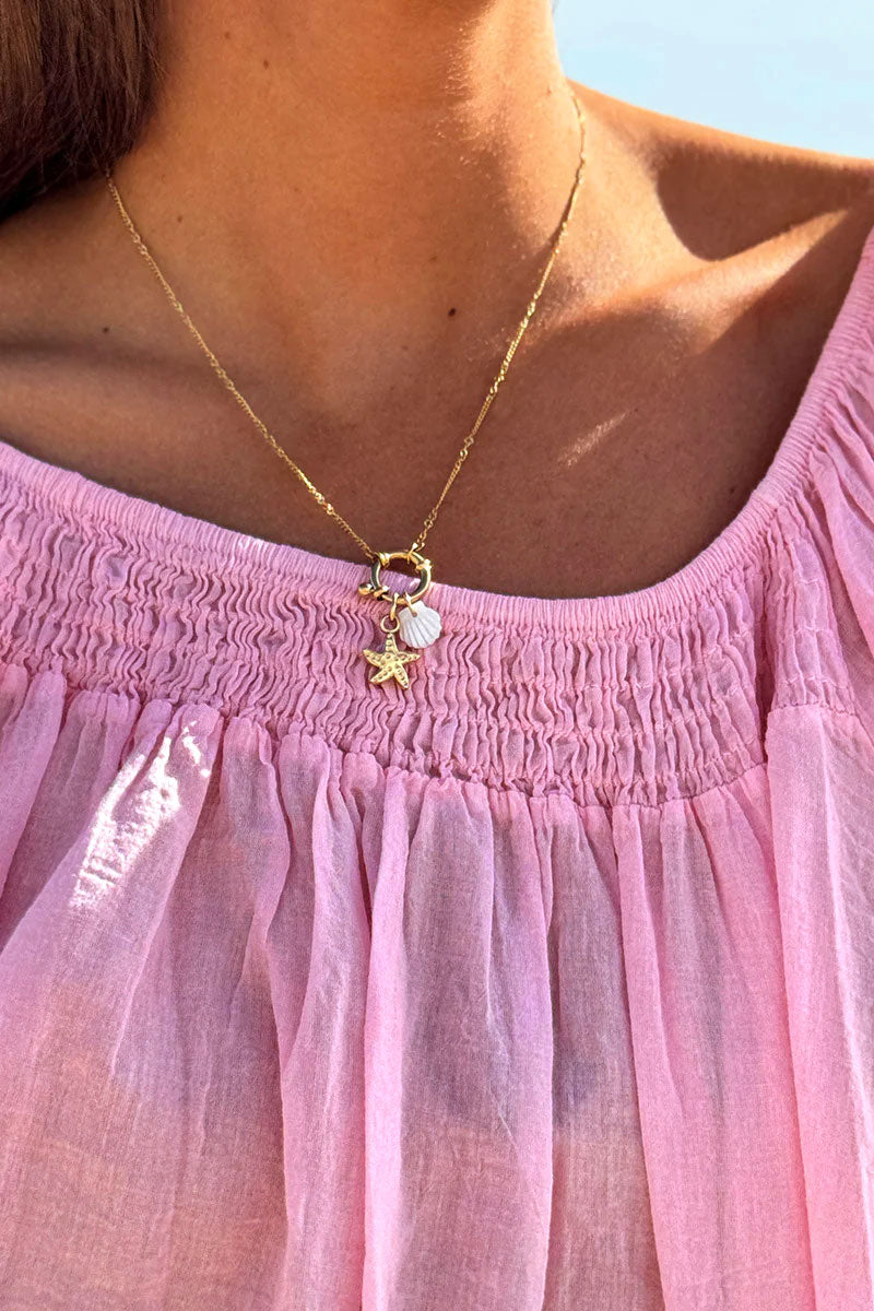 Tunique légère rose en coton col élastique bardot