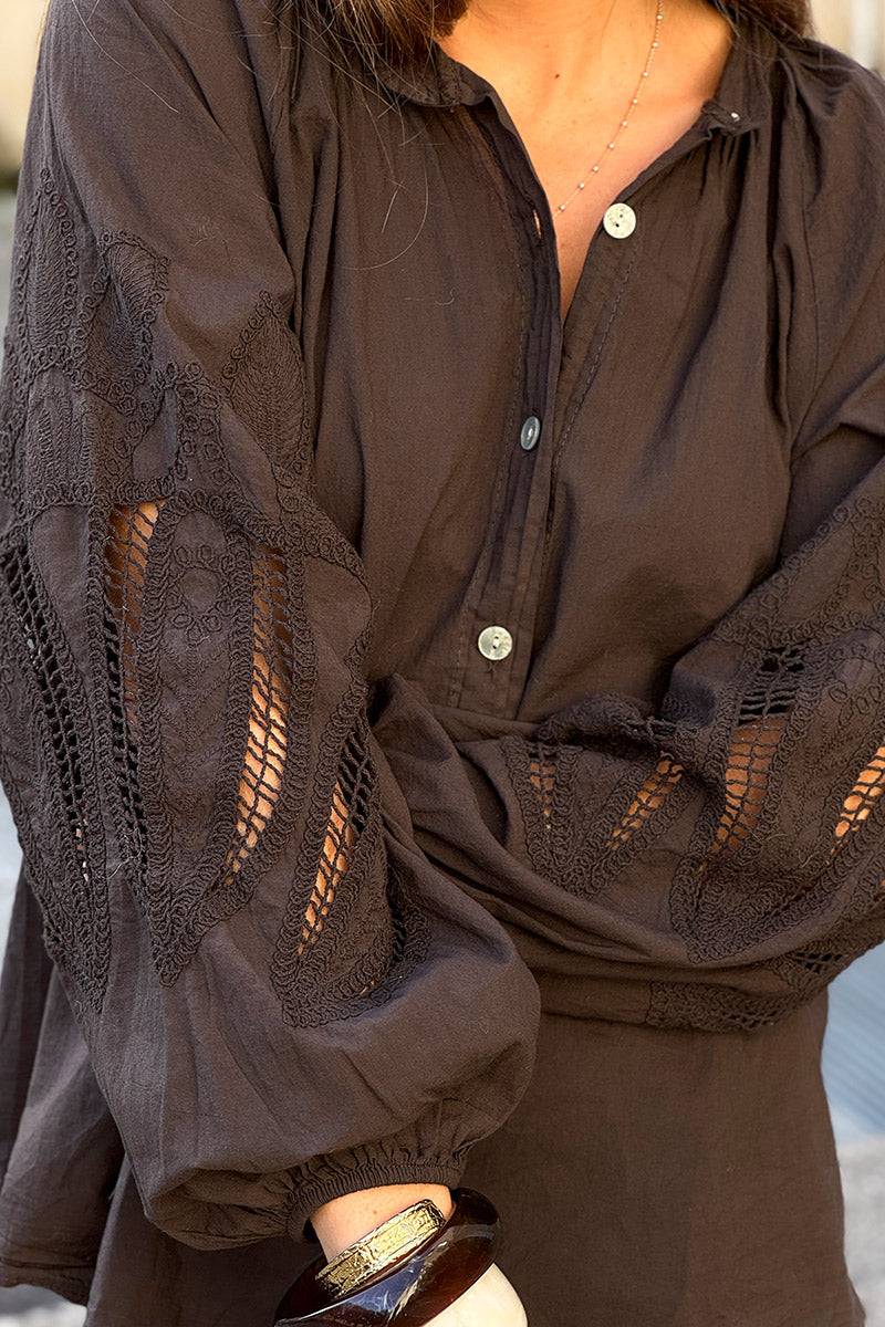 Chocolate Brown Lotus Sleeve Poplin Blouse