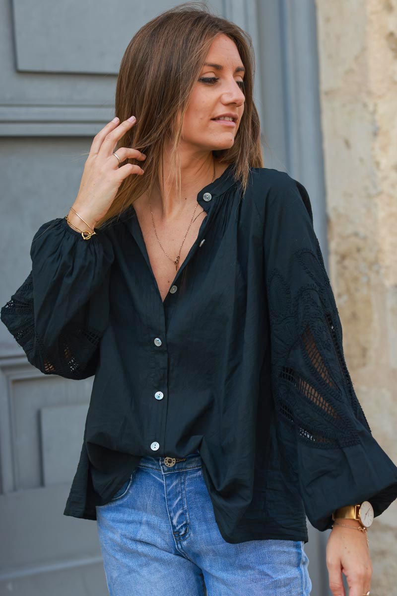 Black Lotus Sleeve Poplin Blouse