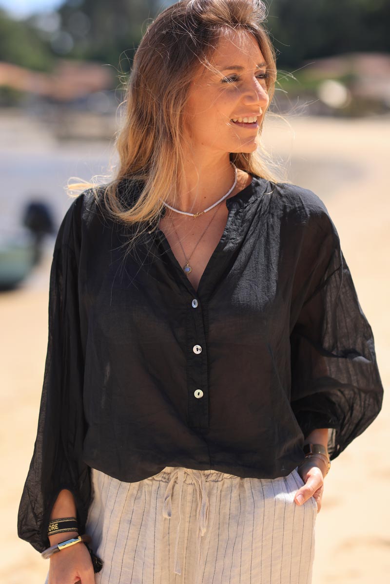 Black lightweight cotton blouse with mother of pearl button collar