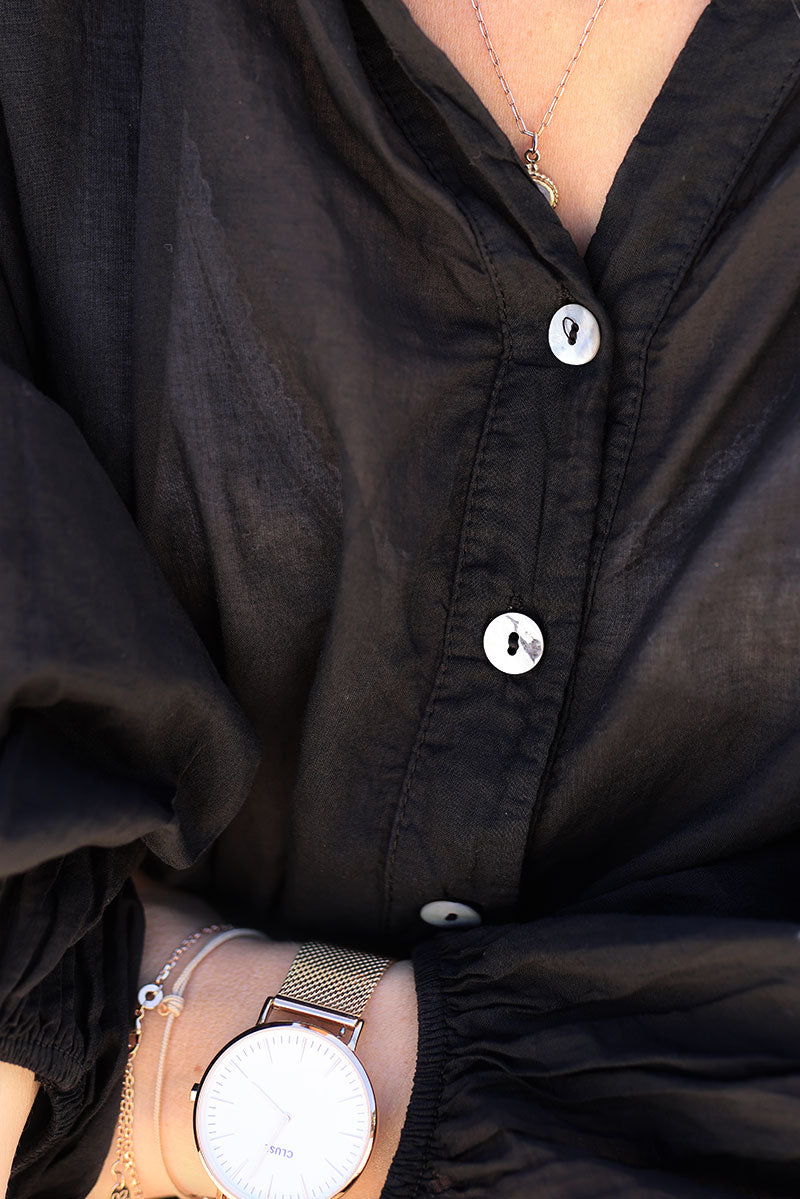 Tunique noire en voile de coton col boutons nacrés