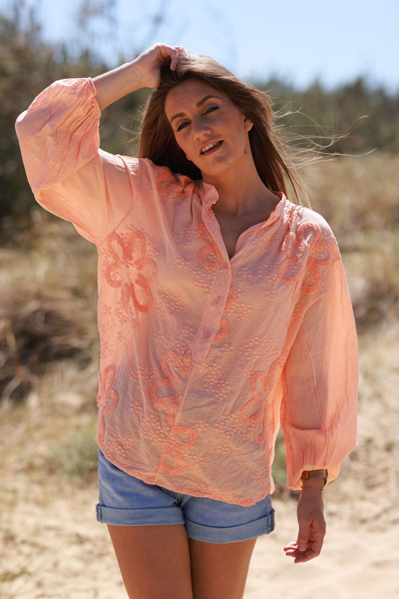 Coral Gauze Boucle Embroidered Blouse