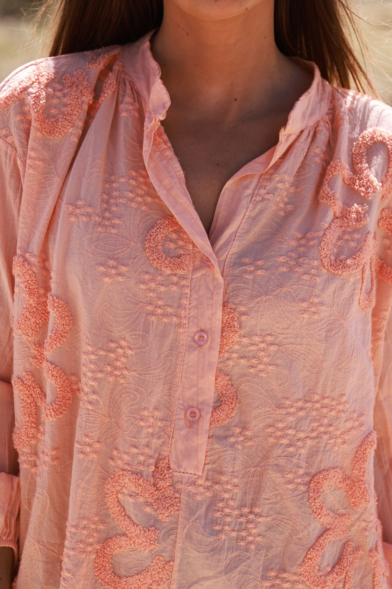 Coral Gauze Boucle Embroidered Blouse