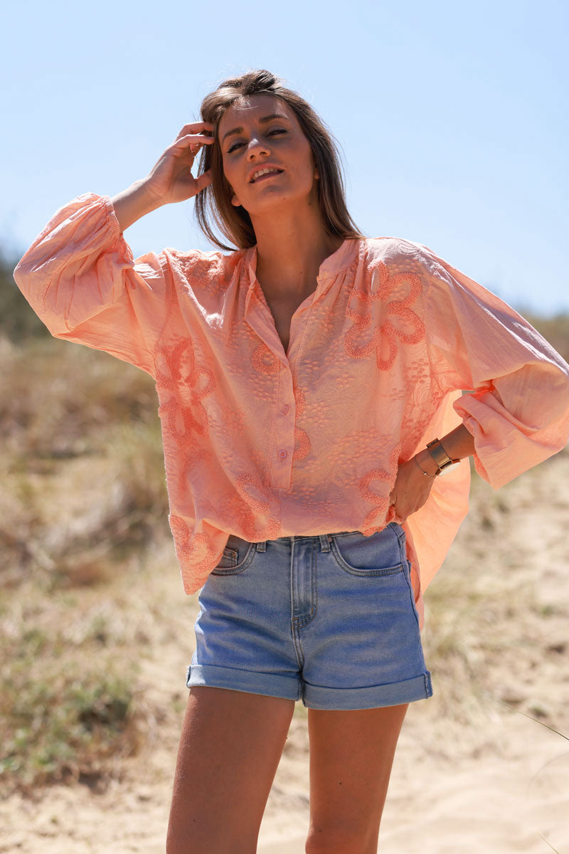 Coral Gauze Boucle Embroidered Blouse