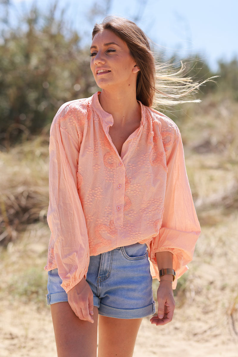 Coral Gauze Boucle Embroidered Blouse