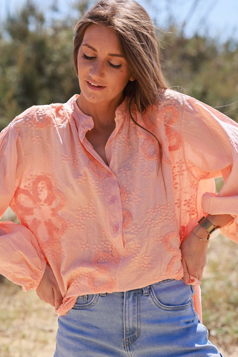 Coral Gauze Boucle Embroidered Blouse
