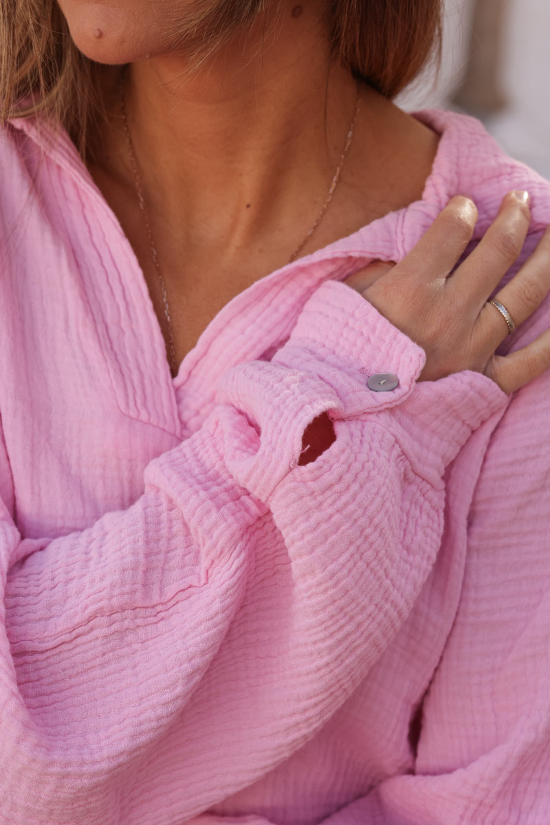 Tunique rose en gaze de coton col chemise