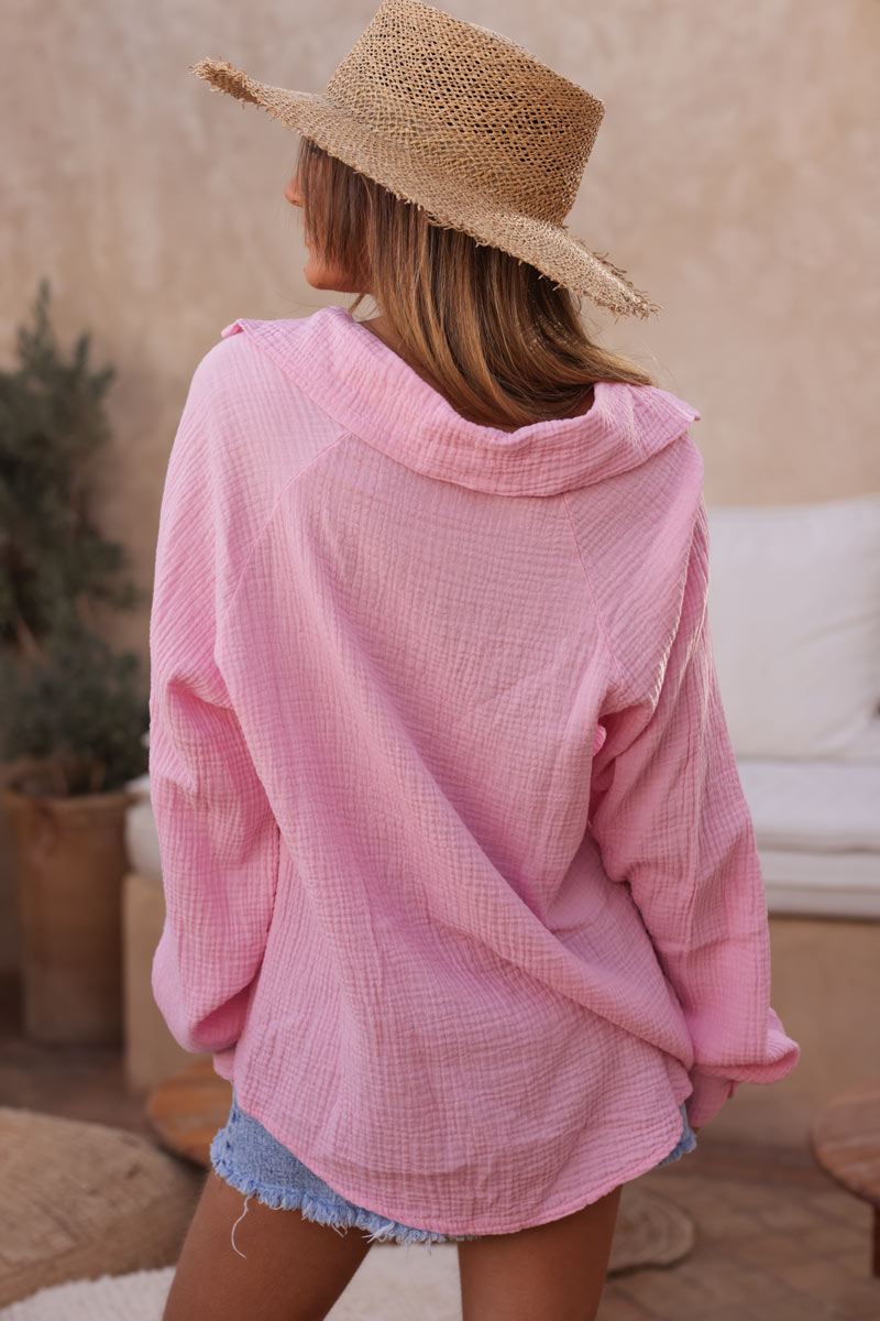 Tunique rose en gaze de coton col chemise