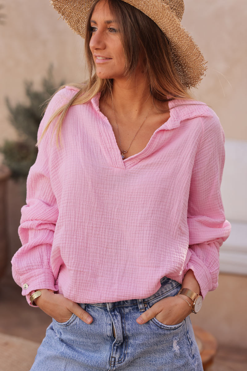 Pink v-neck crinkle cotton gauze blouse
