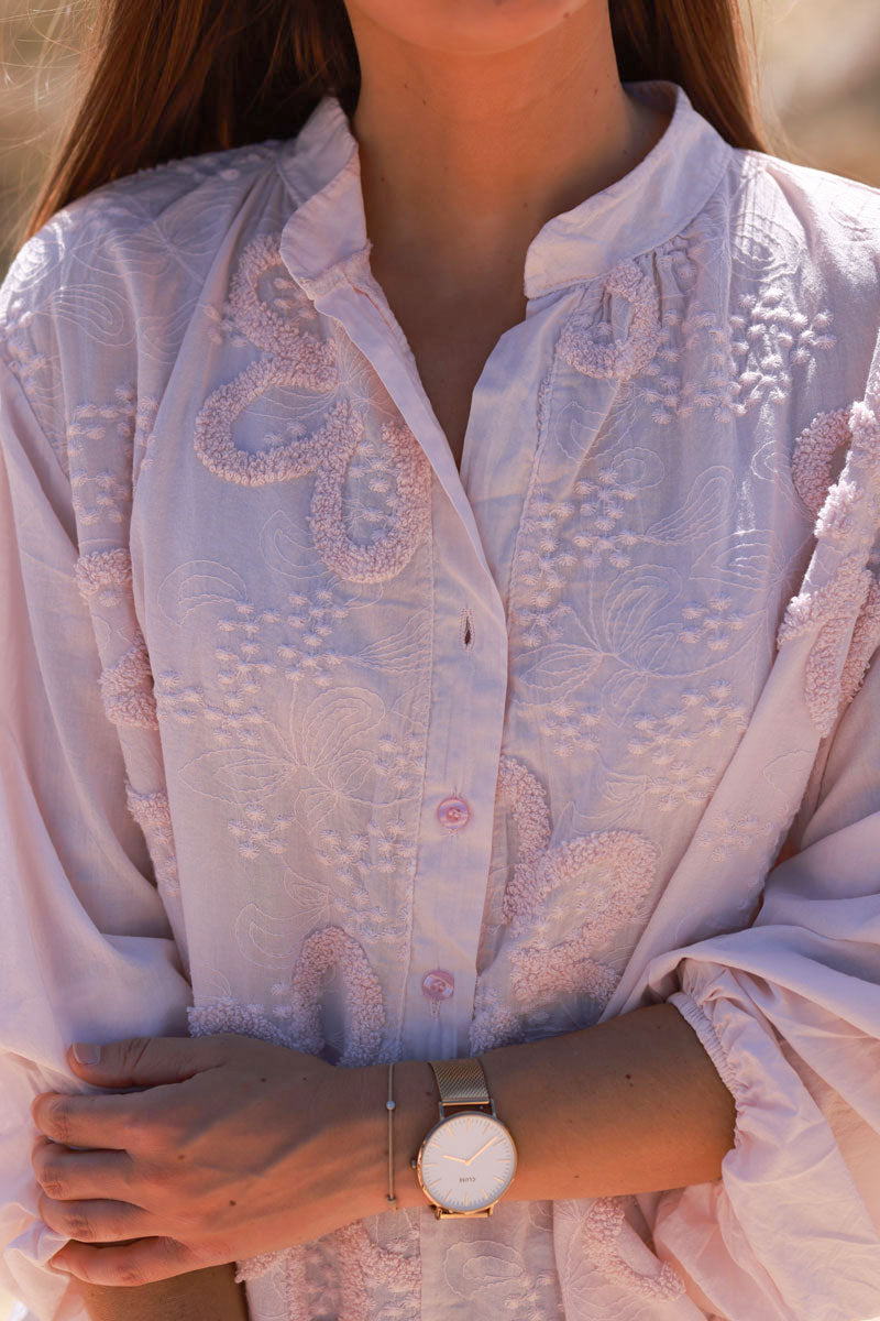 Blush Pink Gauze Boucle Embroidered Blouse