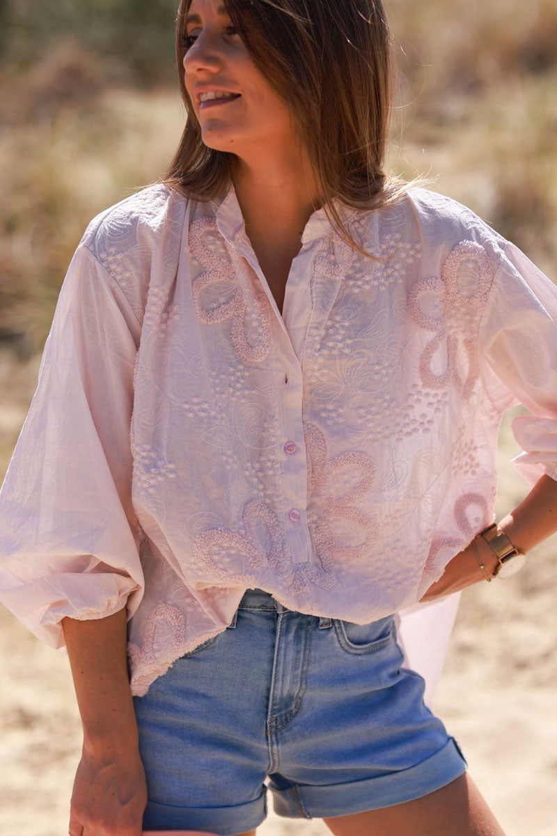 Blush Pink Gauze Boucle Embroidered Blouse