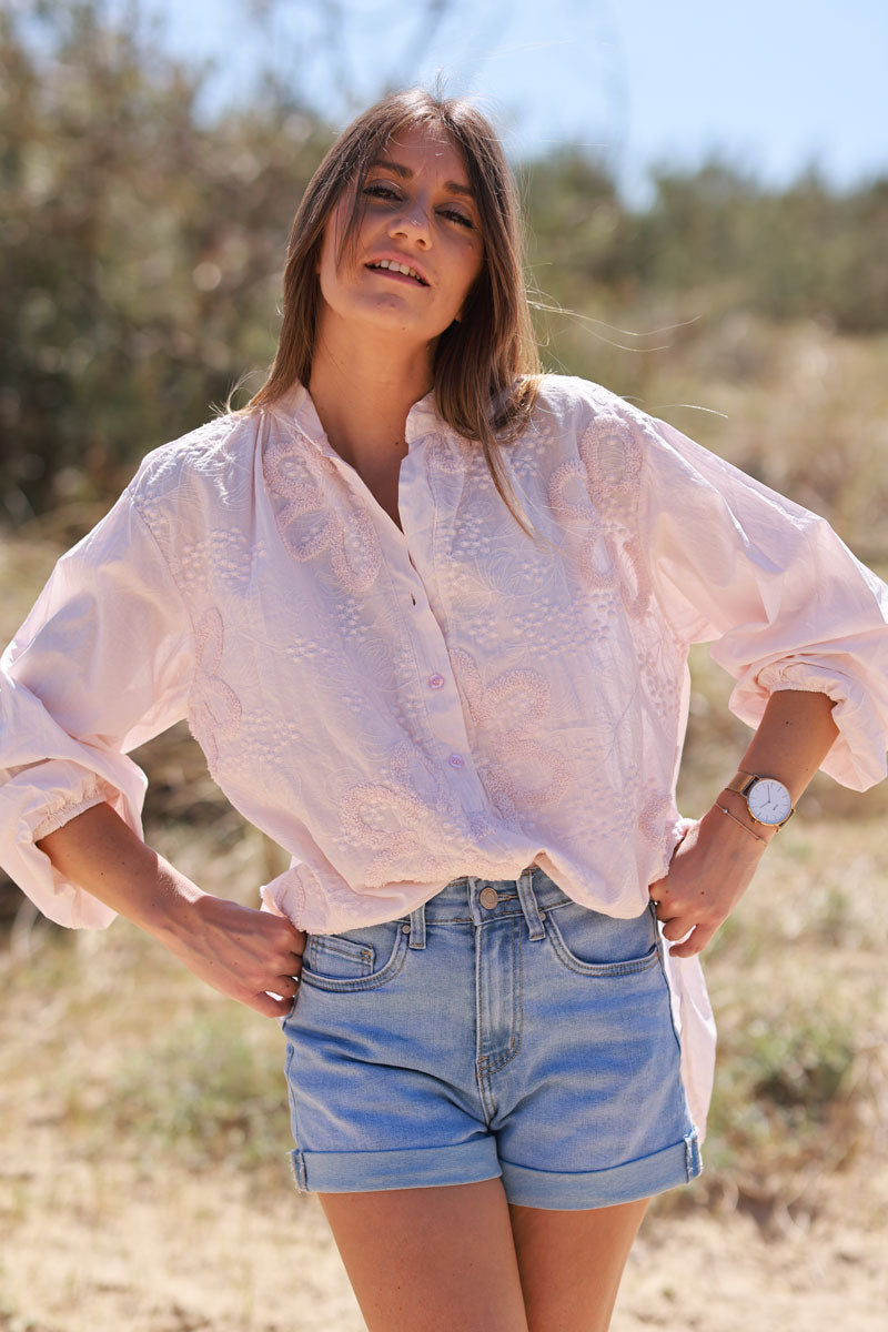 Blush Pink Gauze Boucle Embroidered Blouse