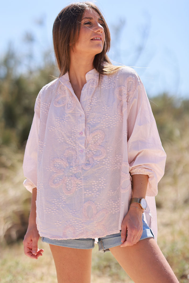 Blush Pink Gauze Boucle Embroidered Blouse