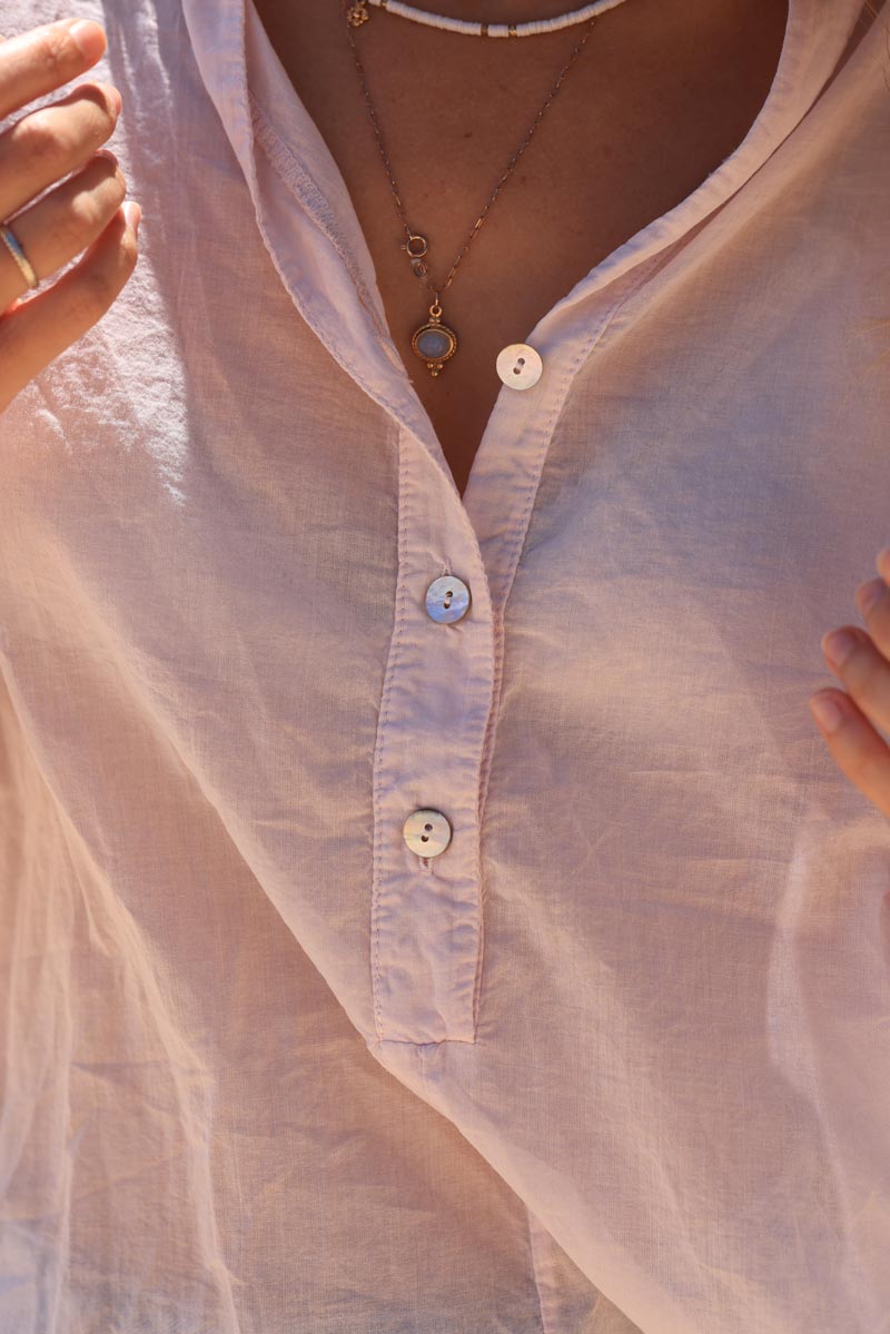 Soft pink lightweight cotton blouse with mother of pearl button collar