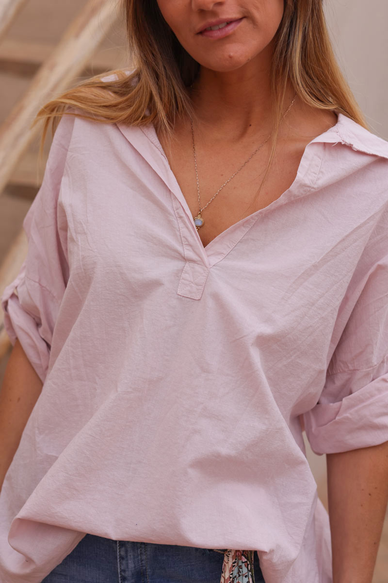 Tunique rose poudré en coton col chemise manches retroussables