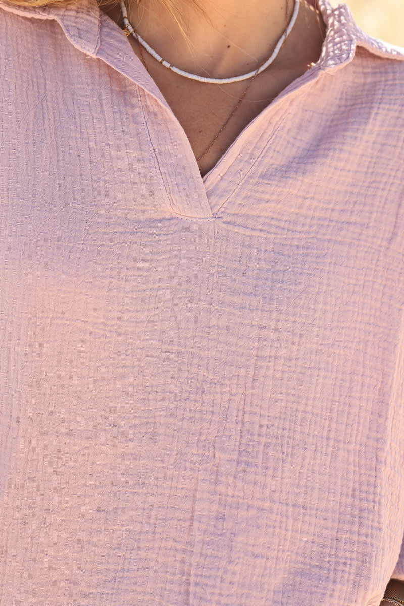 Soft pink shirt style v-neck crinkle cotton gauze blouse