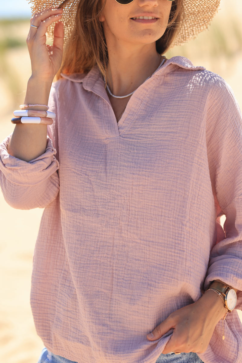 Tunique rose poudré en gaze de coton col v chemise