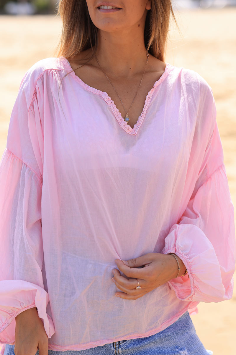 Pink oversized cotton v-neck blouse with embroidery detail