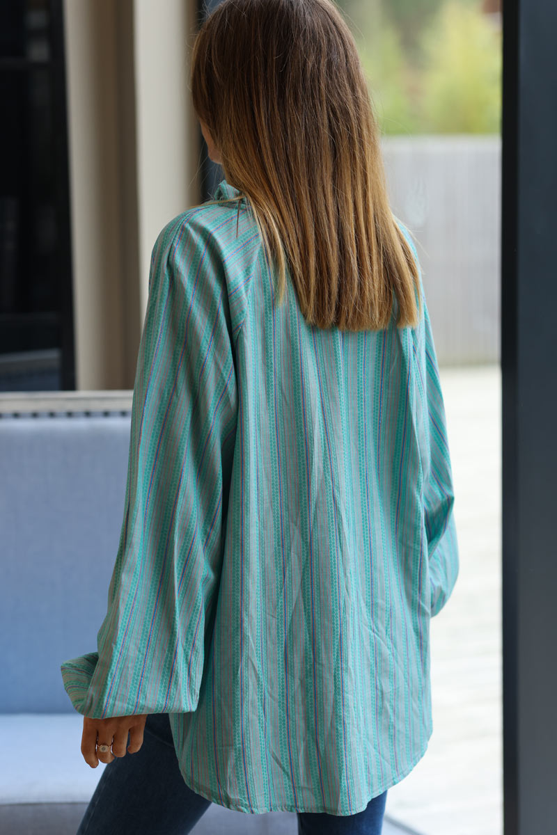 Turquoise glitter striped tunic blouse with frill collar