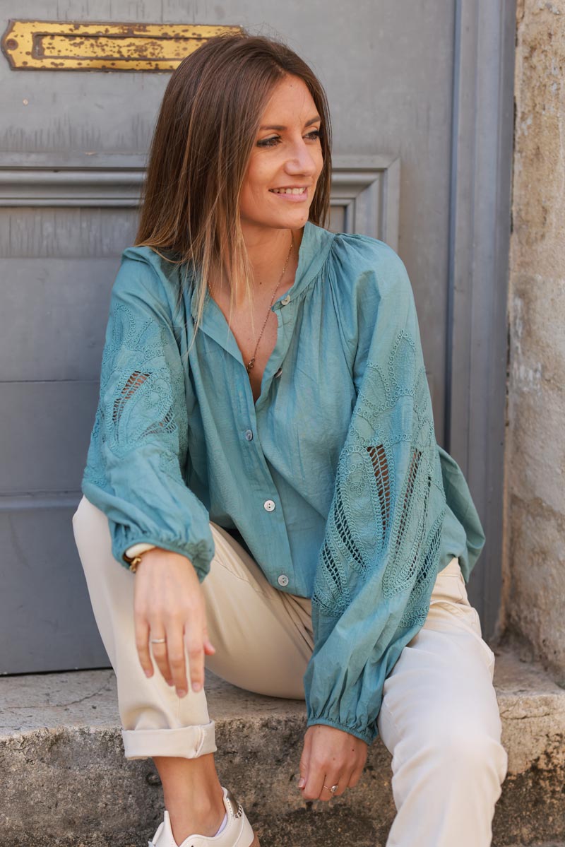 Celadon green Lotus Sleeve Poplin Blouse