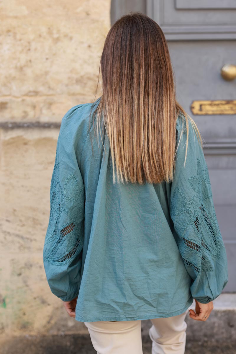 Celadon green blouse with open crochet sleeves