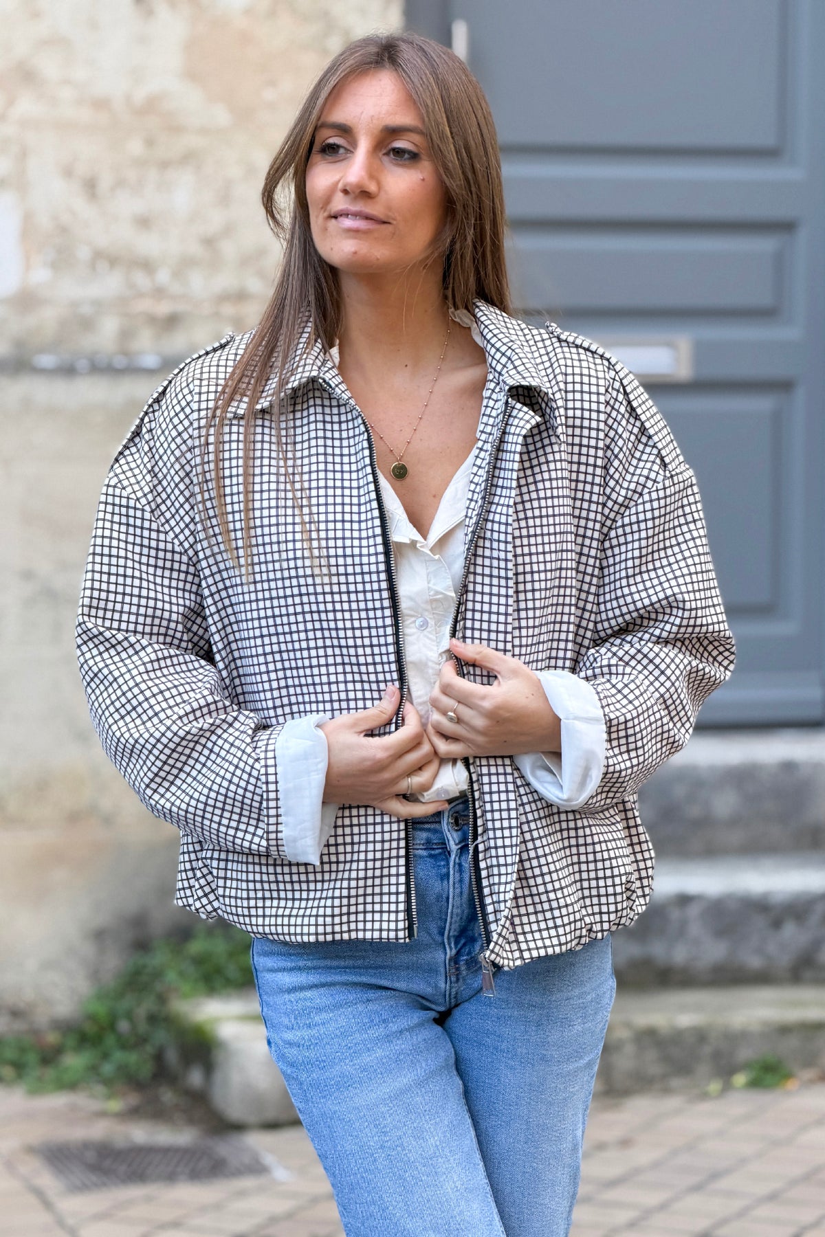 Cream Tattersall Plaid Twill Jacket