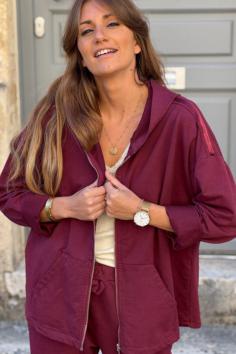 Burgundy Satin Stripe Stretch Knit Zip Hoodie