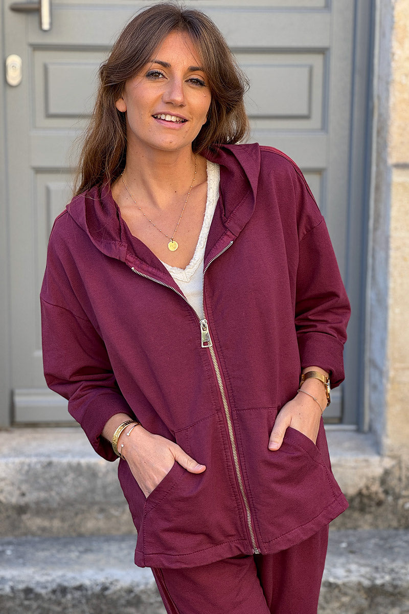 Burgundy Satin Stripe Stretch Knit Zip Hoodie