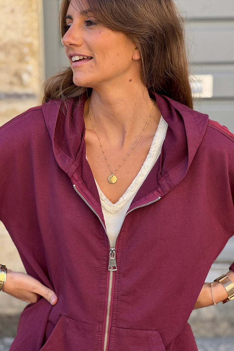 Burgundy Satin Stripe Stretch Knit Zip Hoodie
