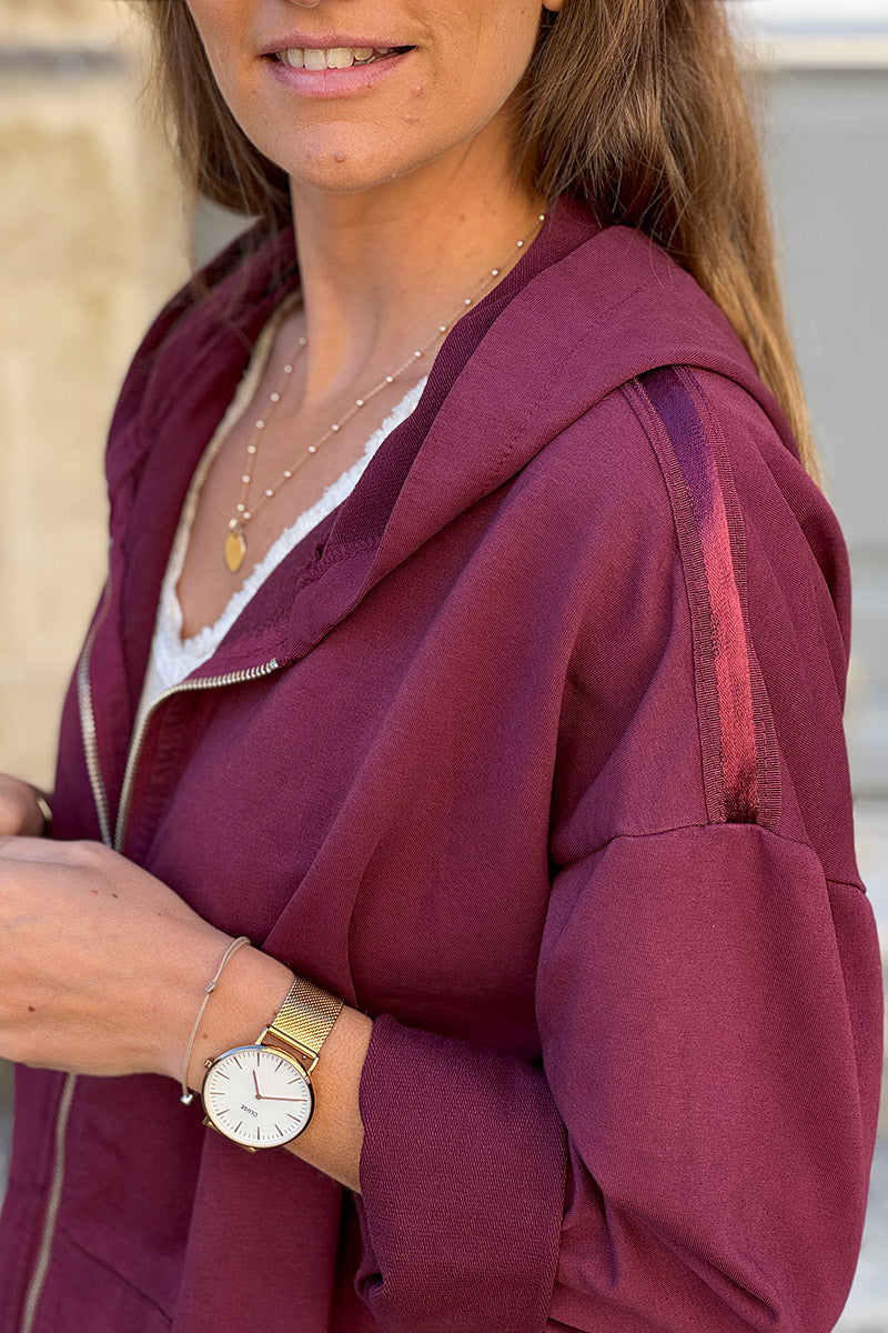 Burgundy Satin Stripe Stretch Knit Zip Hoodie