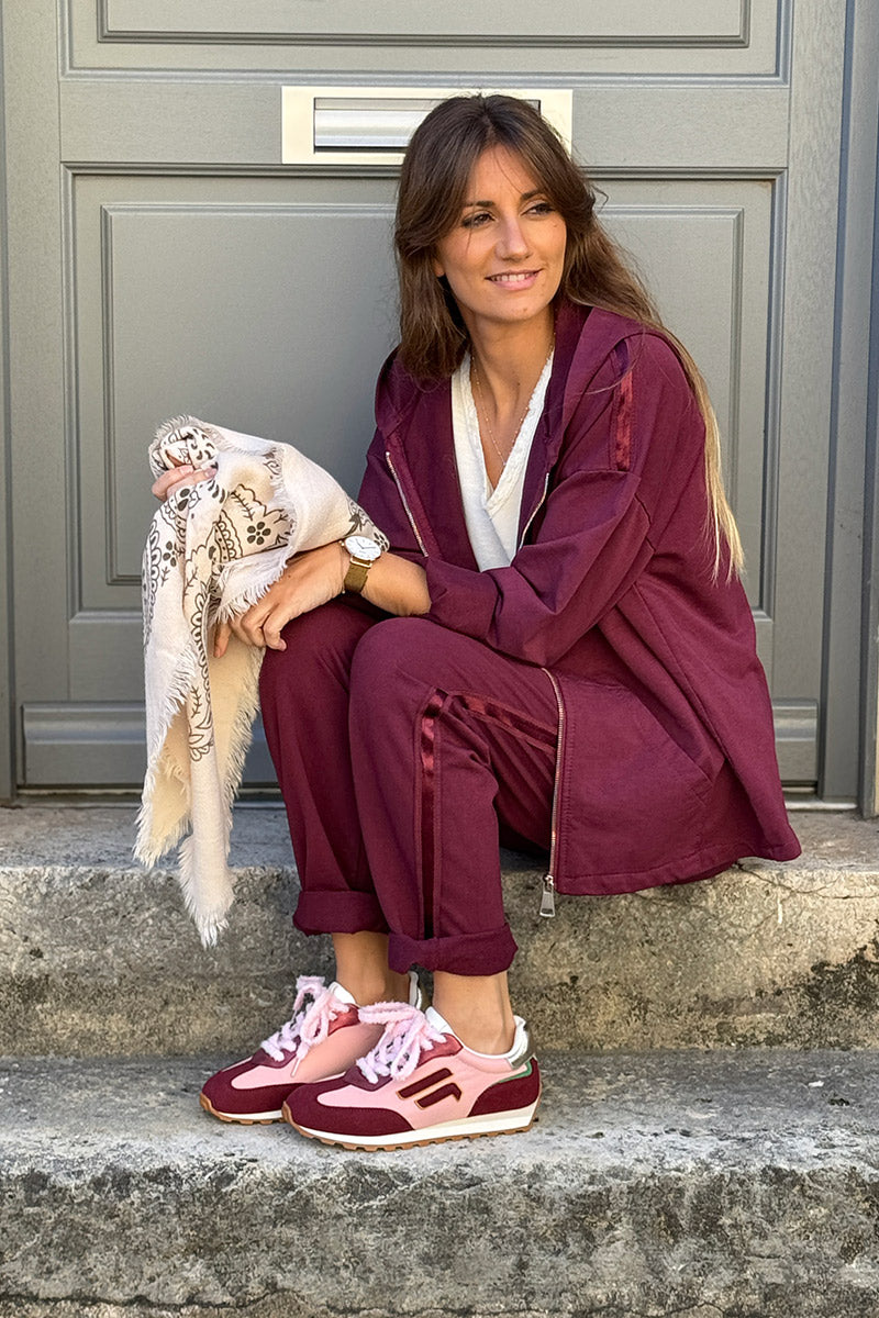 Burgundy Satin Stripe Stretch Knit Zip Hoodie