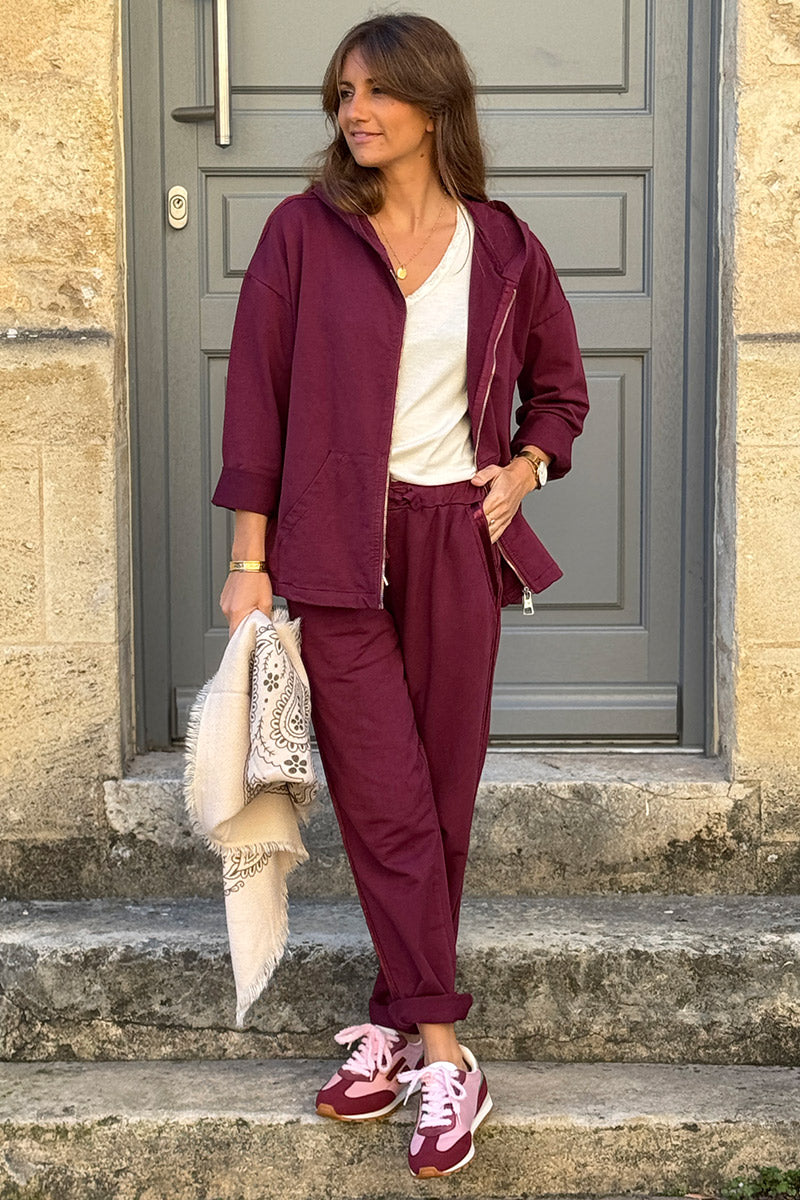 Burgundy Satin Stripe Stretch Knit Zip Hoodie
