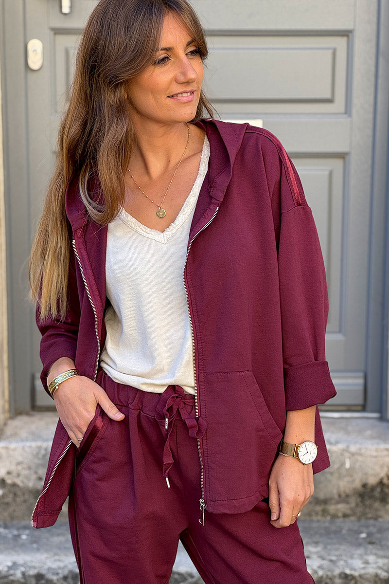 Burgundy Satin Stripe Stretch Knit Zip Hoodie