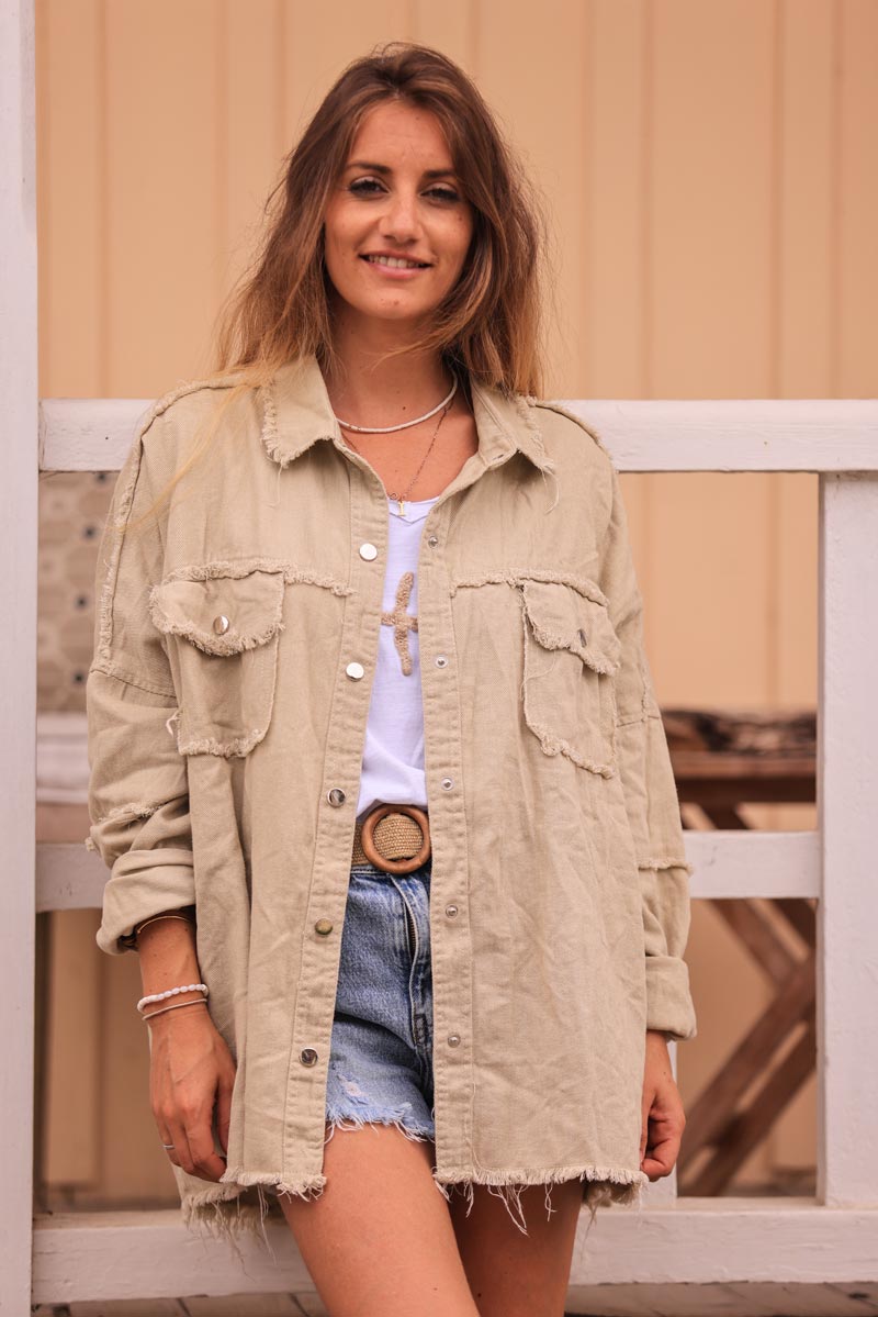 Veste beige en denim souple finitions franges broderie Smile et fleurs au dos